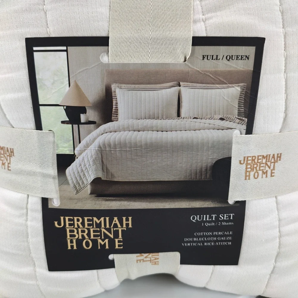 Jeremiah Brent Home Full Queen Quilt‎ Set Cream Vertical Rice Stitch 3pc